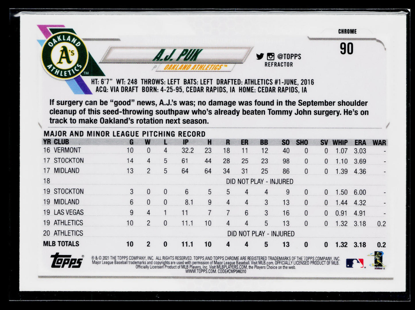 2021 Topps Chrome A.J. Puk Refractor #90
