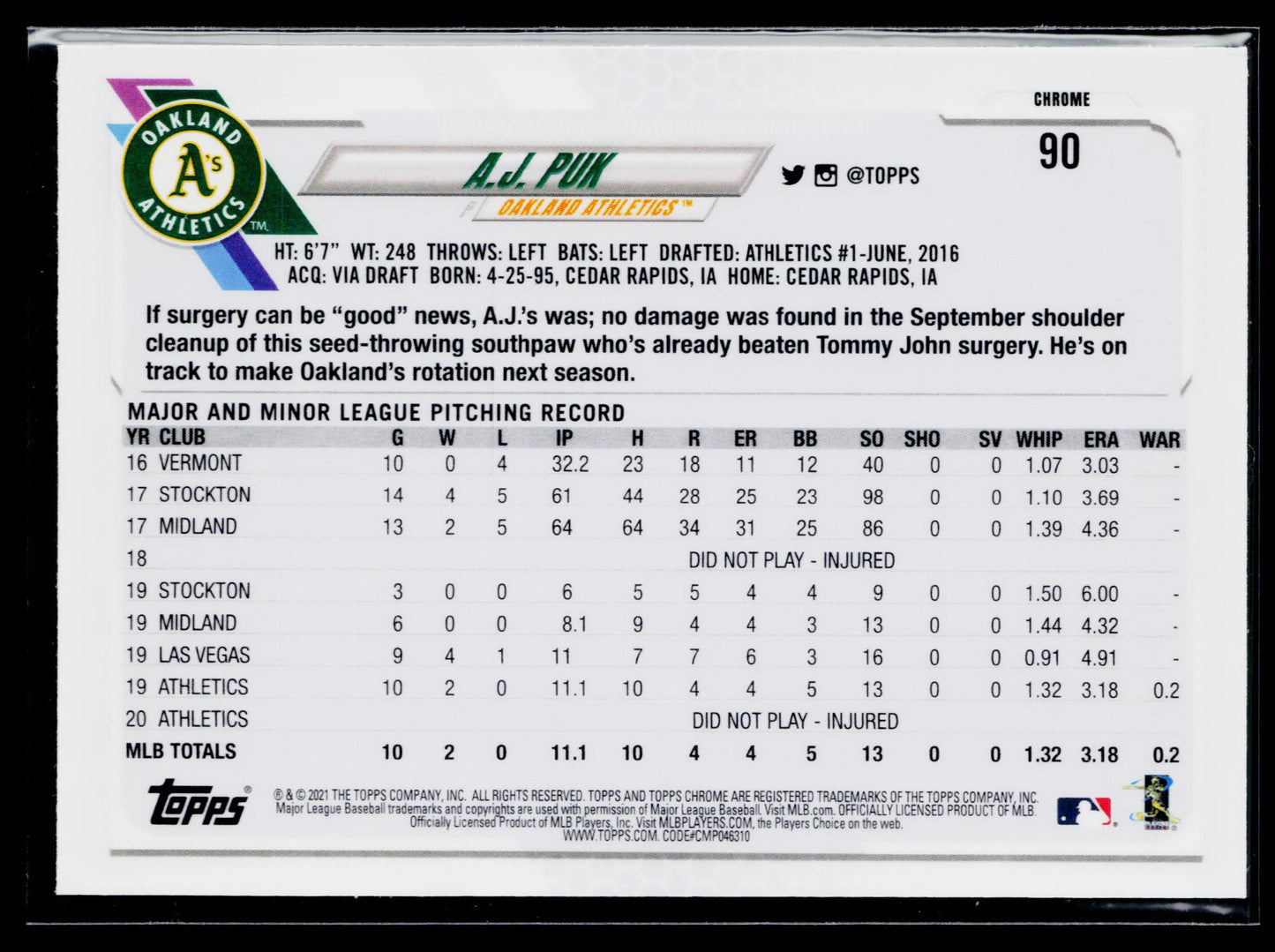 2021 Topps Chrome A.J. Puk Pink #90
