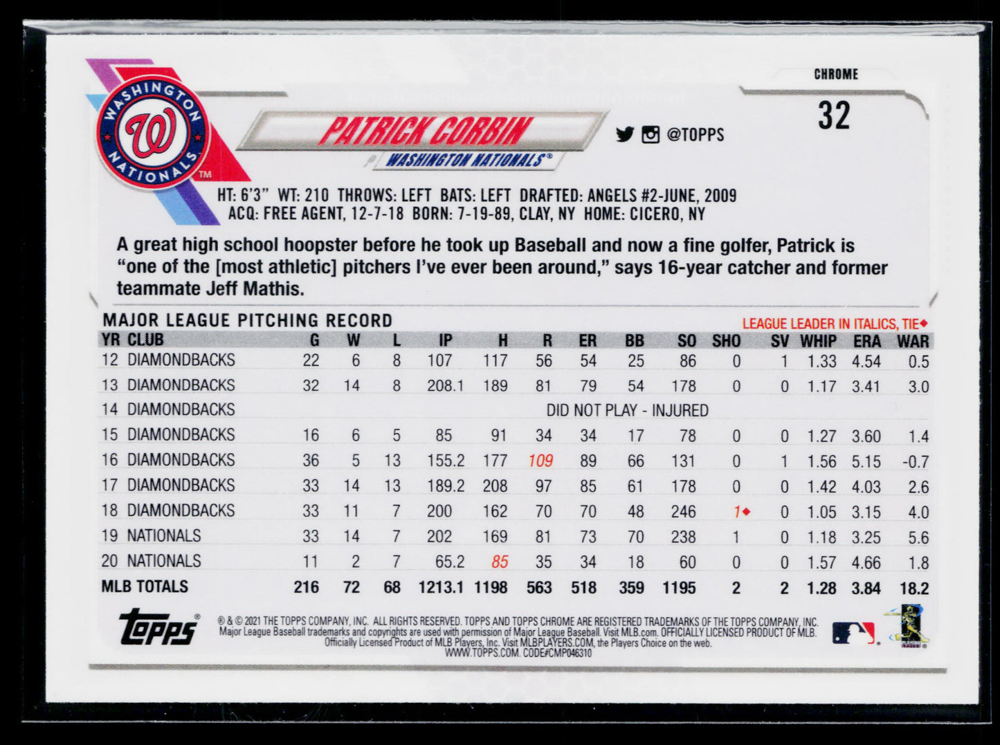 2021 Topps Chrome Patrick Corbin Prism Refractor #32
