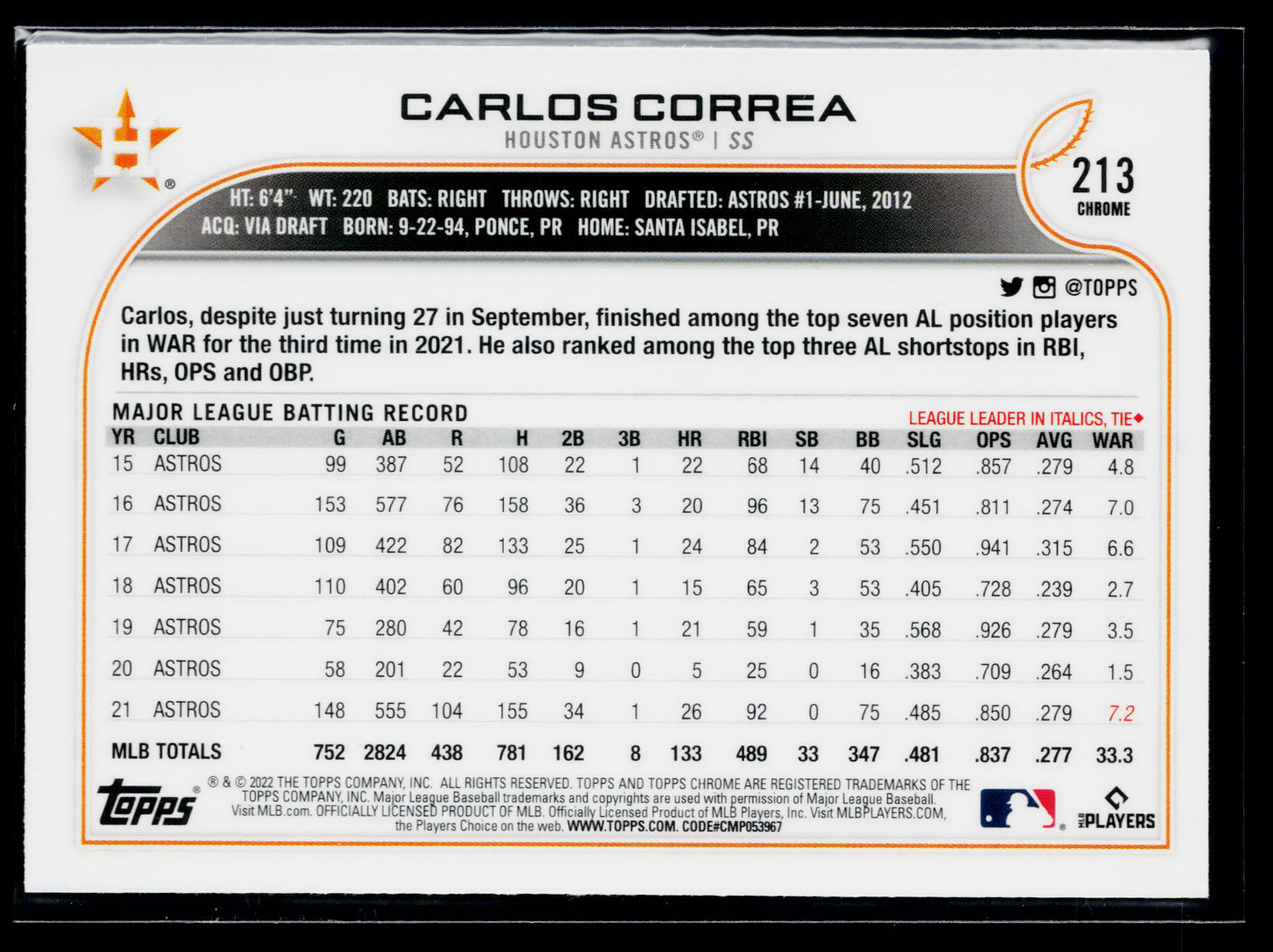 2022 Topps Chrome Carlos Correa Pink #213