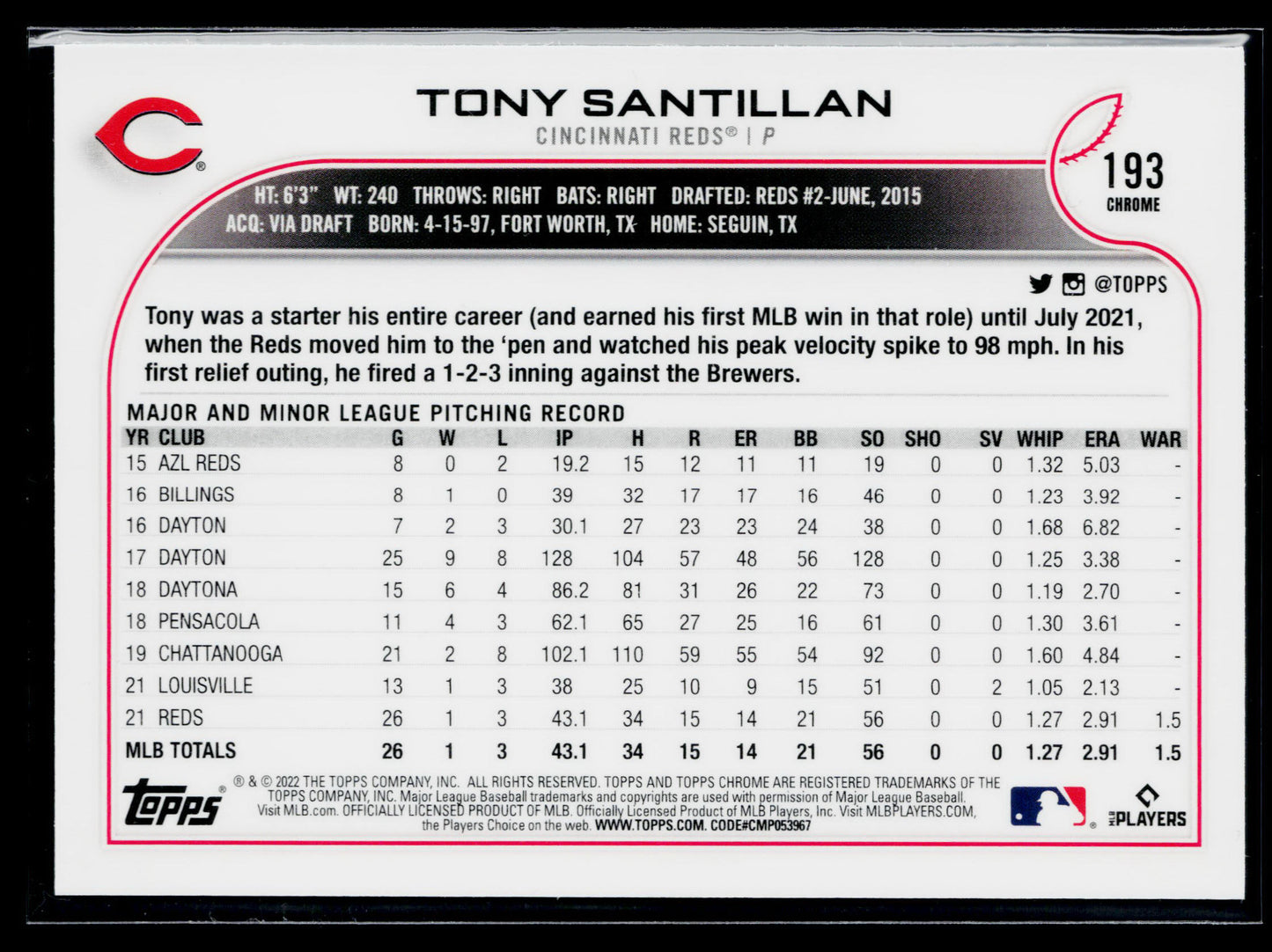 2022 Topps Chrome Tony Santillan Pink Refractor #193