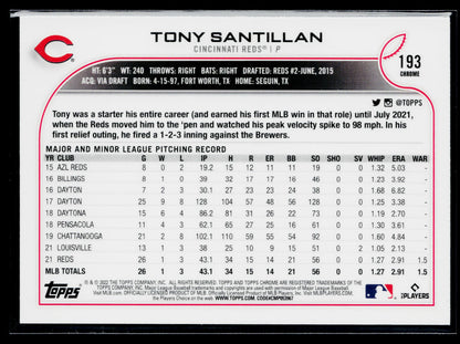 2022 Topps Chrome Tony Santillan Pink Refractor #193