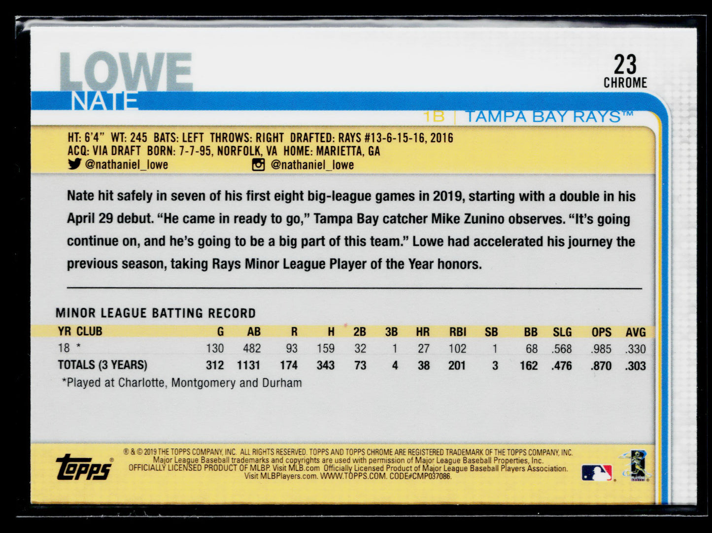 2019 Topps Chrome Update Nate Lowe Rookie #23