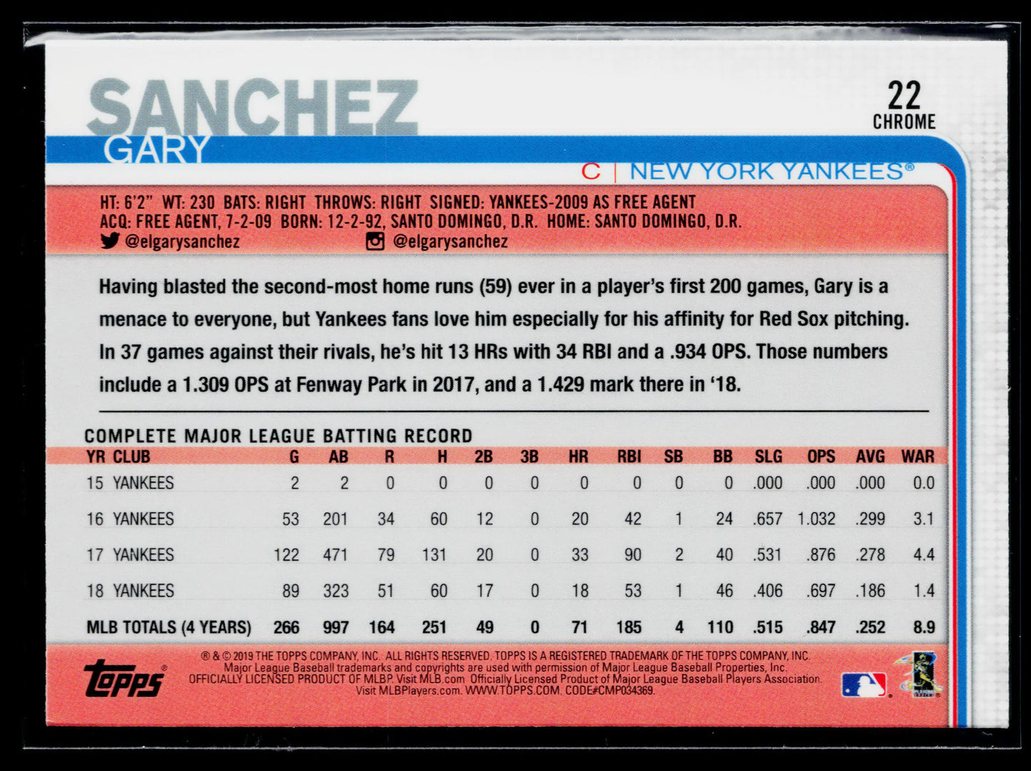 2019 Topps Chrome Gary Sanchez Prism Refractor #22