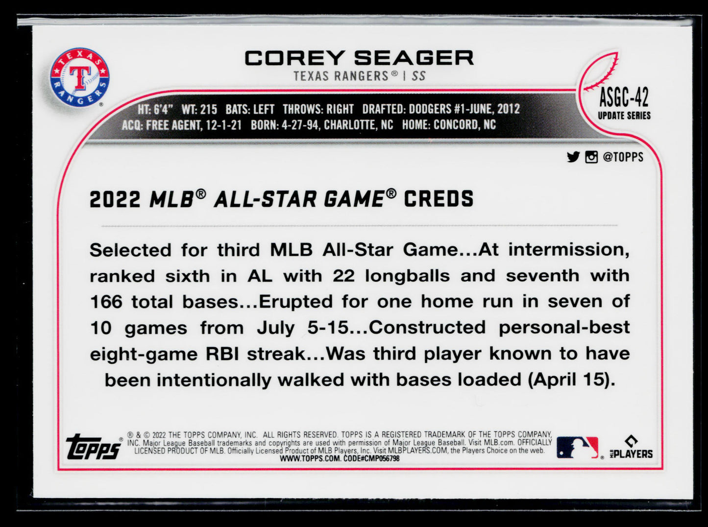 2022 Topps Chrome Update Corey Seager 2022 All-Star Game Chrome #ASGC-42