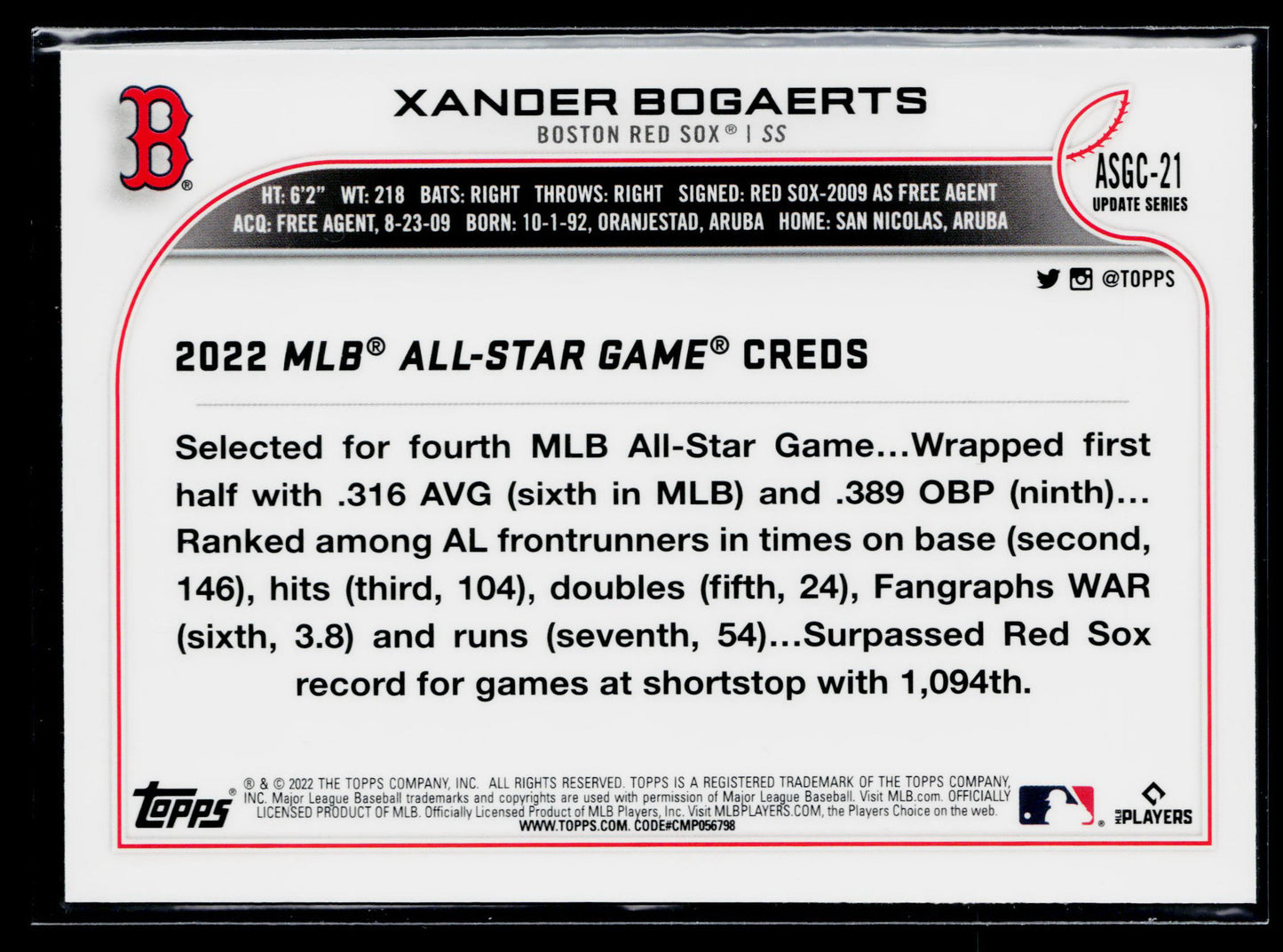 2022 Topps Update Xander Bogaerts 2022 MLB All-Star Game #ASG-21