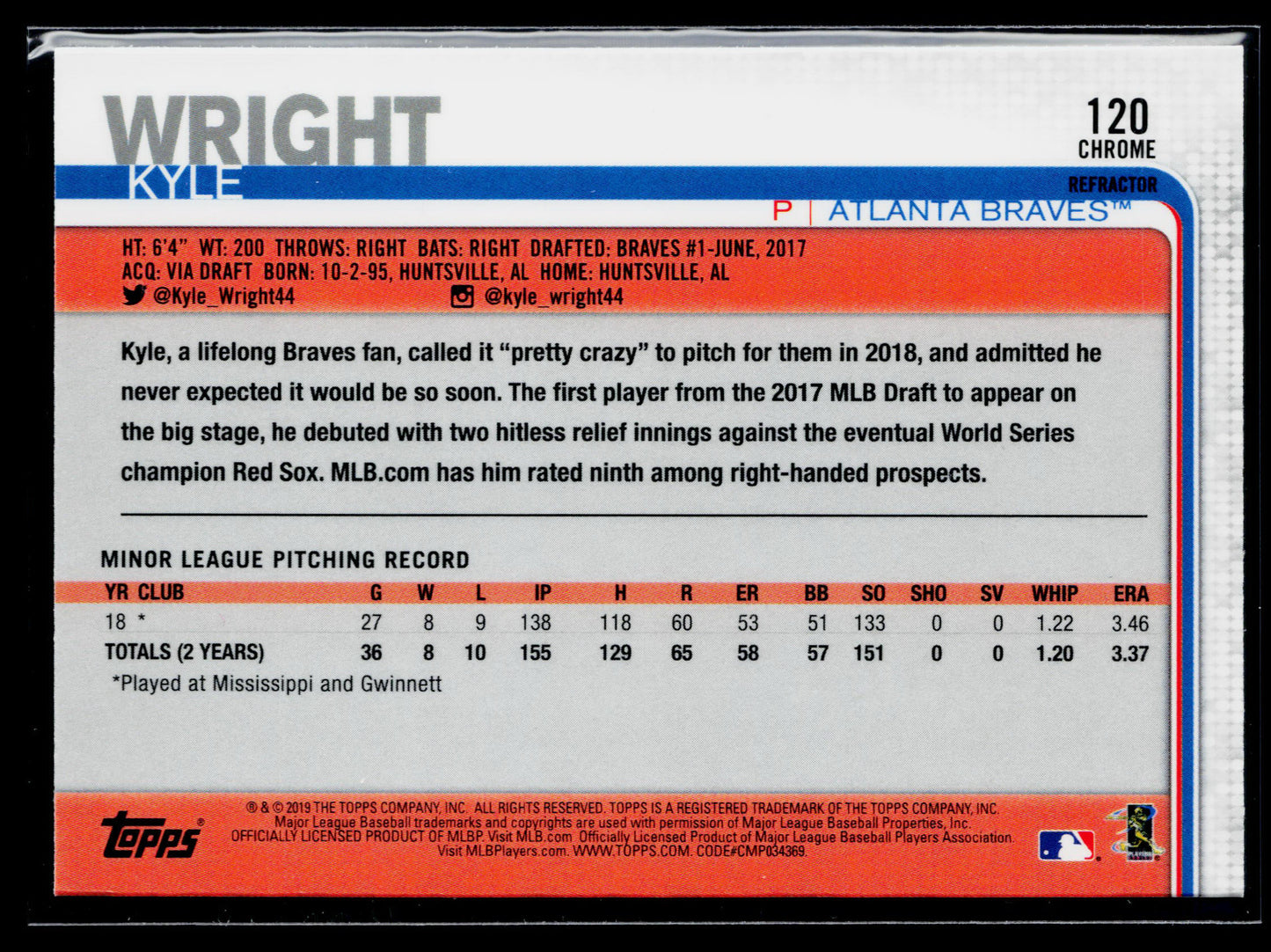 2019 Topps Chrome Kyle Wright Rookie Pink Refractor #120