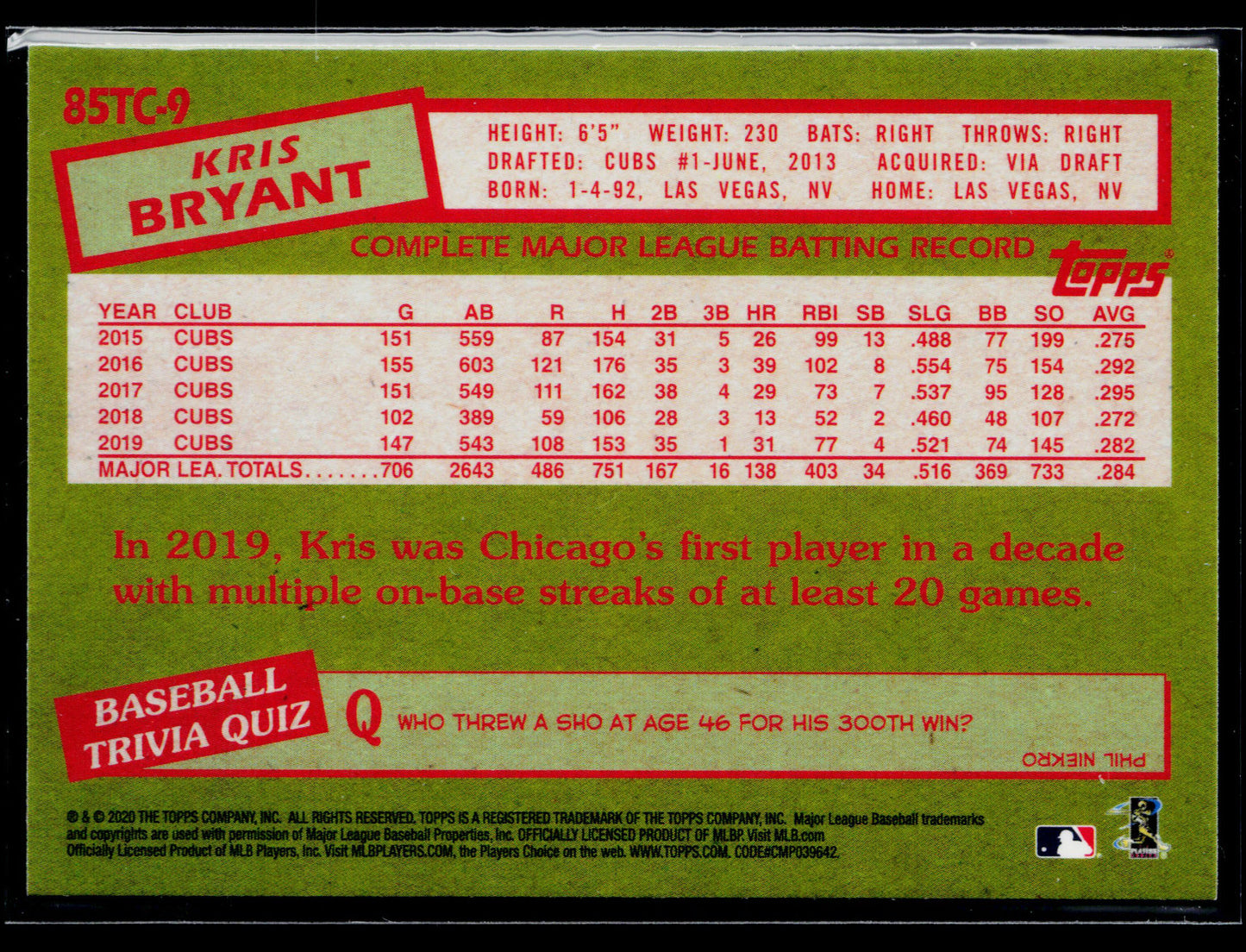 2020 Topps Chrome Kris Bryant 1985 Topps Baseball #85TC-9