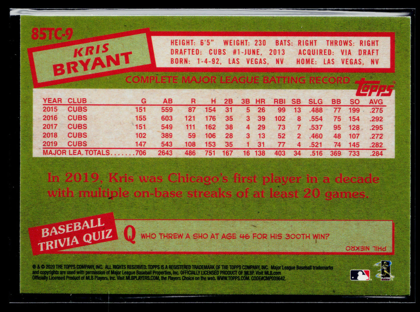 2020 Topps Chrome Kris Bryant 1985 Topps Baseball #85TC-9