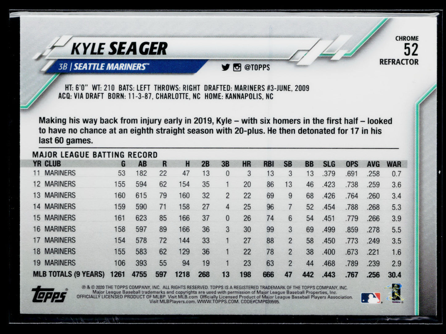 2020 Topps Chrome Kyle Seager Pink Refractor #52