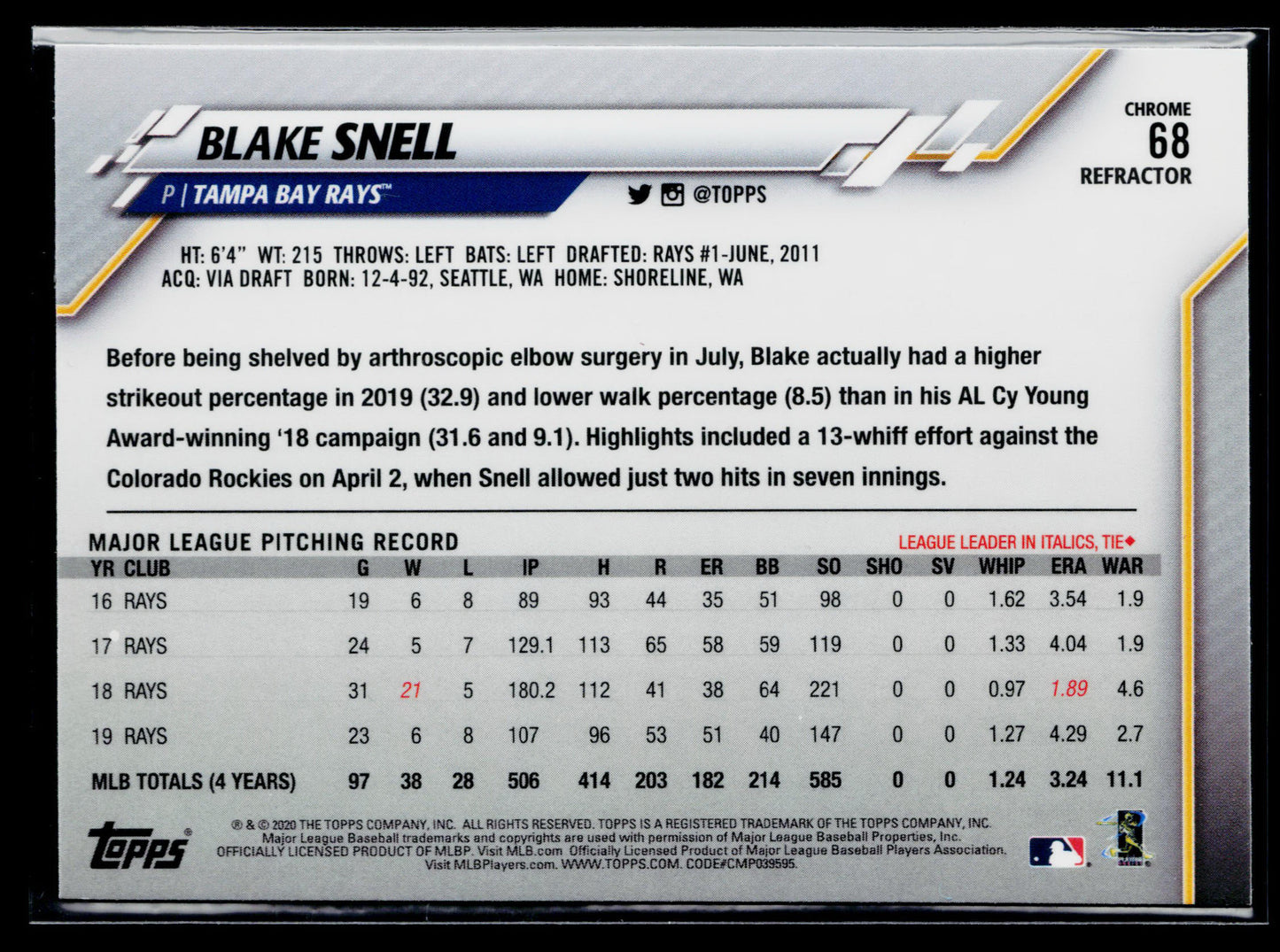 2020 Topps Chrome Blake Snell Pink Refractor #68