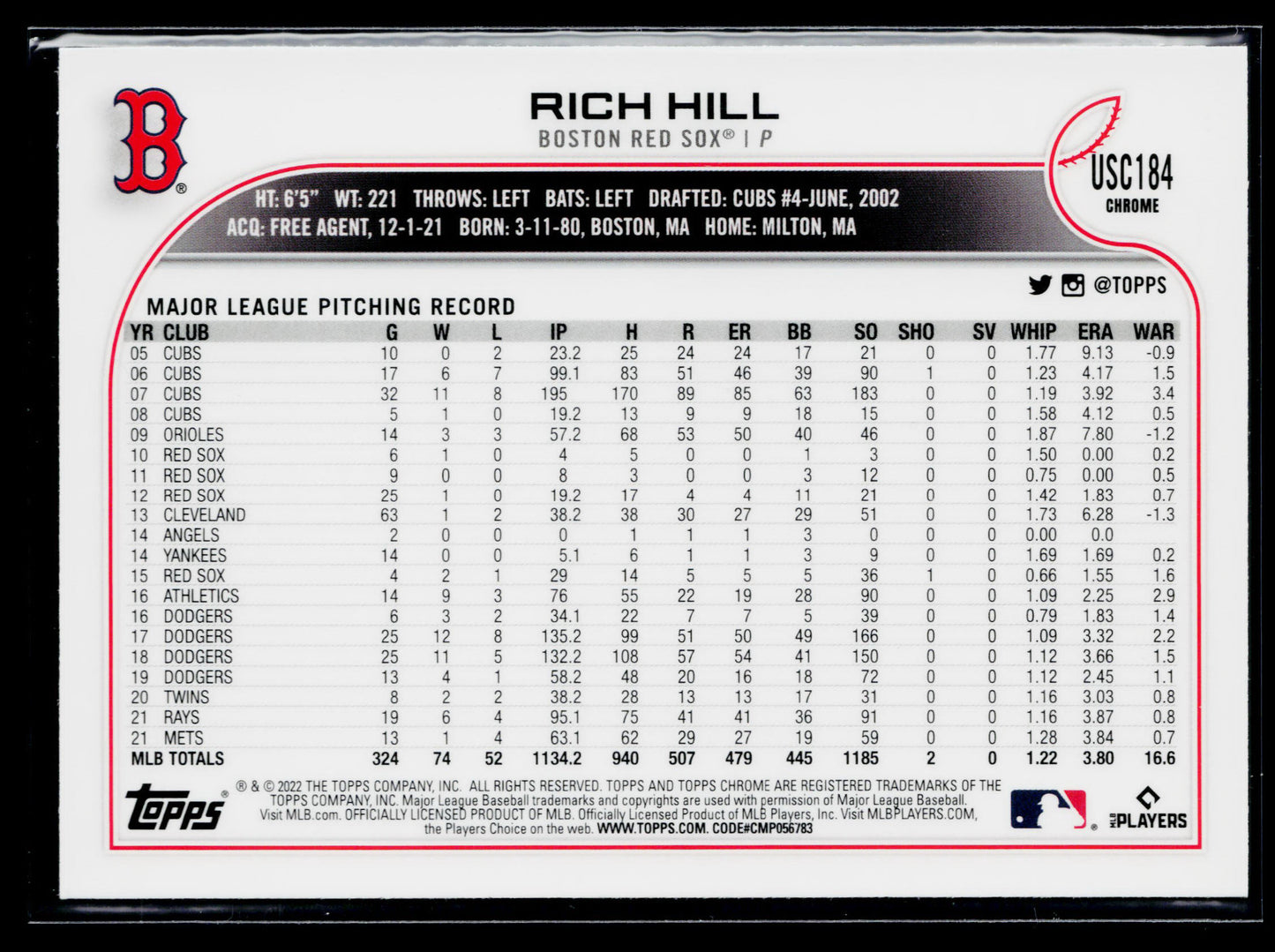 2022 Topps Chrome Update Rich Hill Pink Wave Refractor #USC184