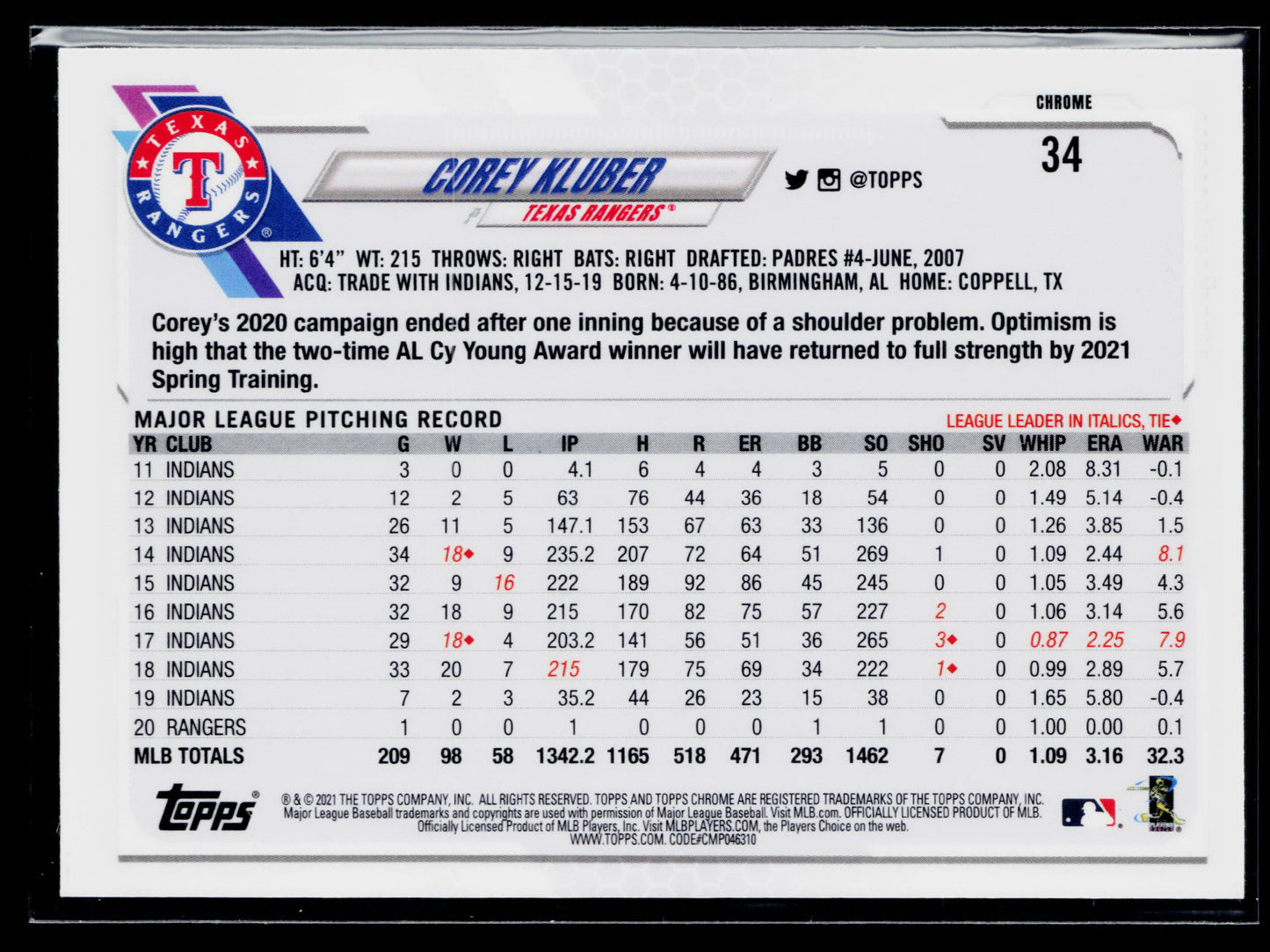 2021 Topps Chrome Corey Kluber Pink Refractor #34
