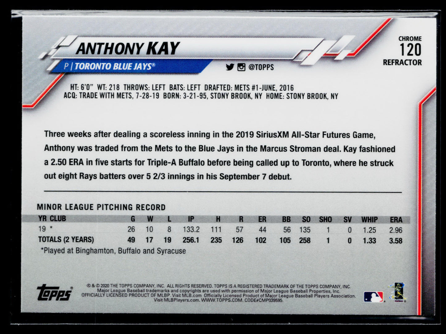 2020 Topps Chrome Anthony Kay Rookie Pink Refractor #120