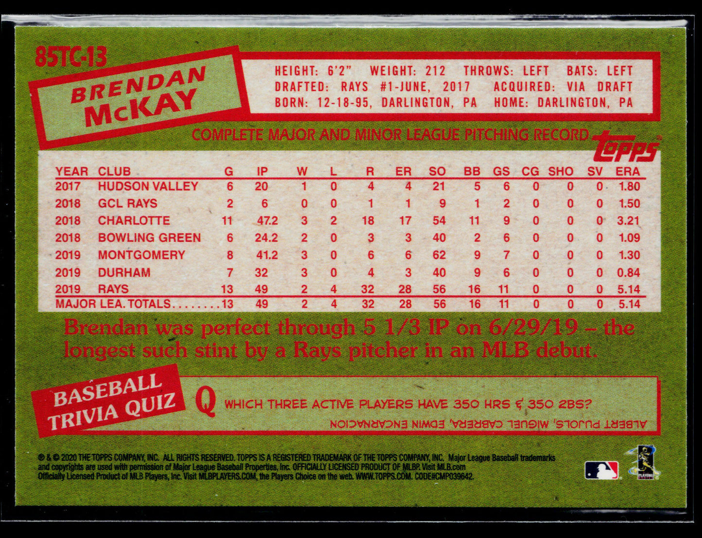 2020 Topps Chrome Brendan McKay 1985 Topps Baseball #85TC-13