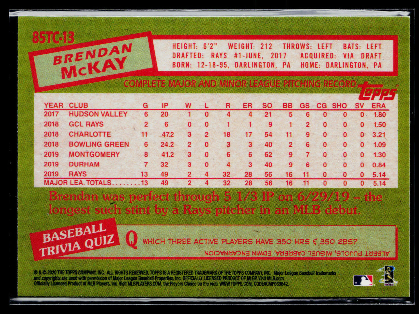 2020 Topps Chrome Brendan McKay 1985 Topps Baseball #85TC-13