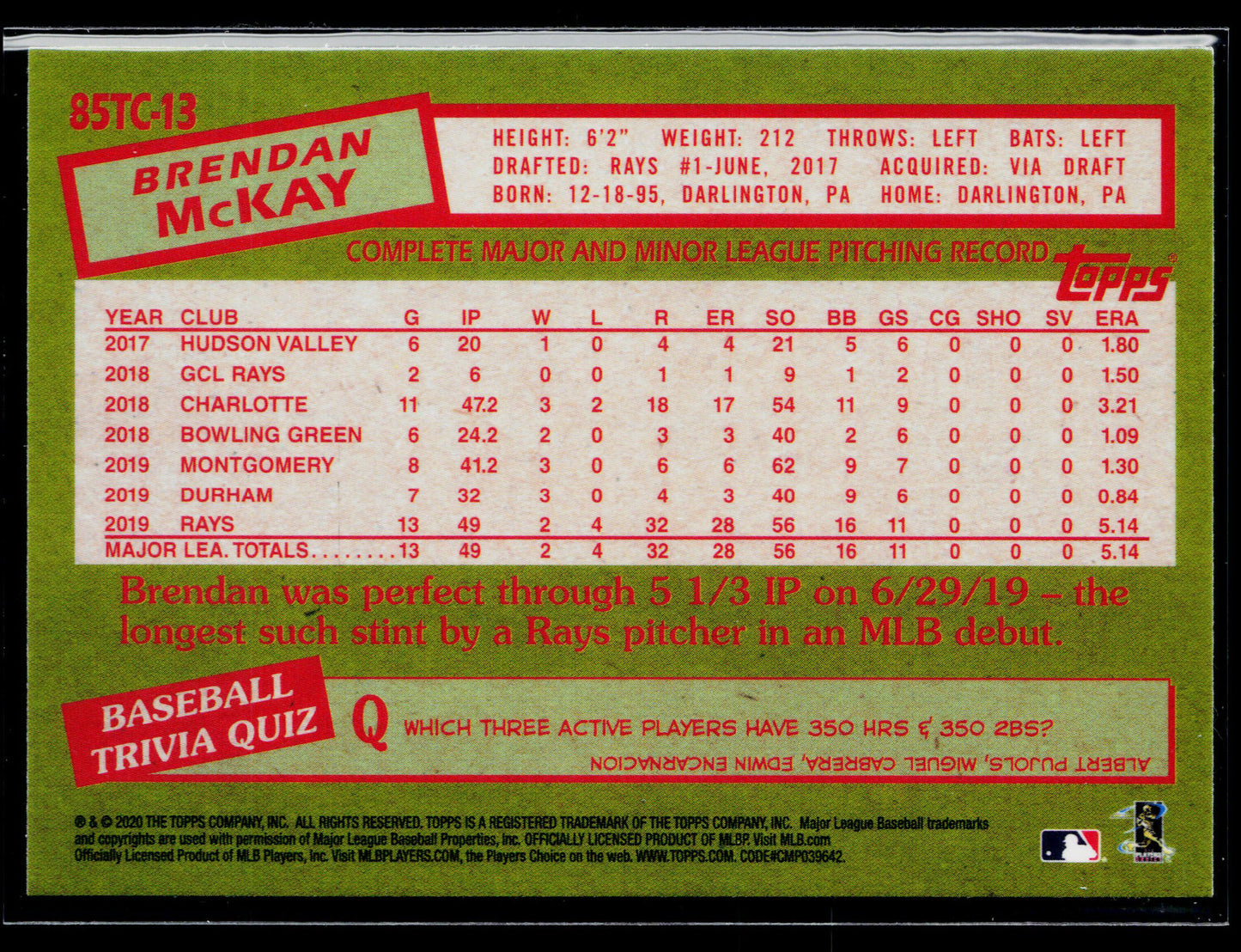 2020 Topps Chrome Brendan McKay 1985 Topps Baseball #85TC-13