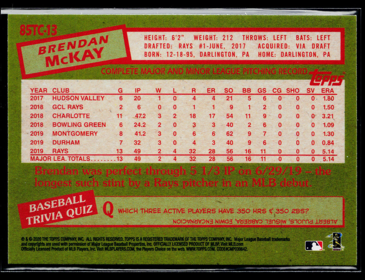 2020 Topps Chrome Brendan McKay 1985 Topps Baseball #85TC-13