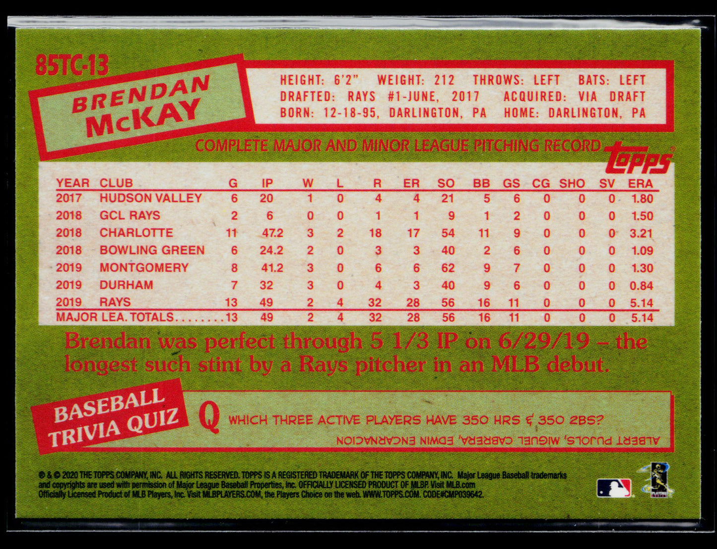 2020 Topps Chrome Brendan McKay 1985 Topps Baseball #85TC-13