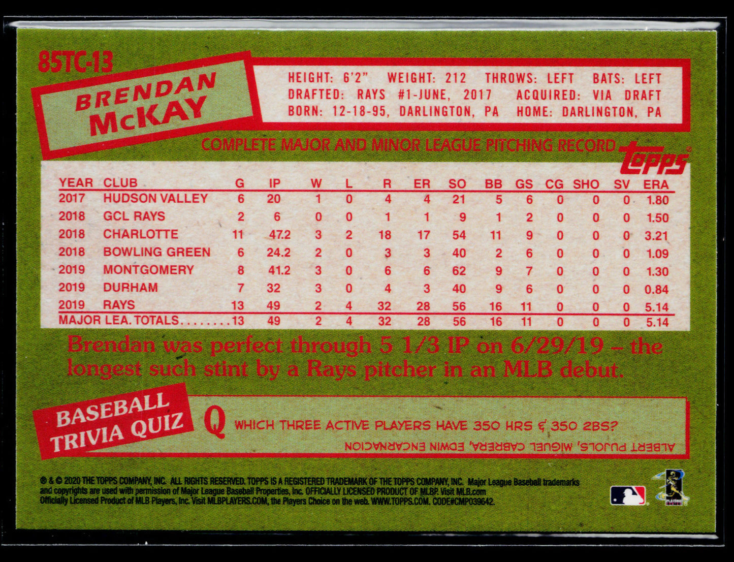 2020 Topps Chrome Brendan McKay 1985 Topps Baseball #85TC-13