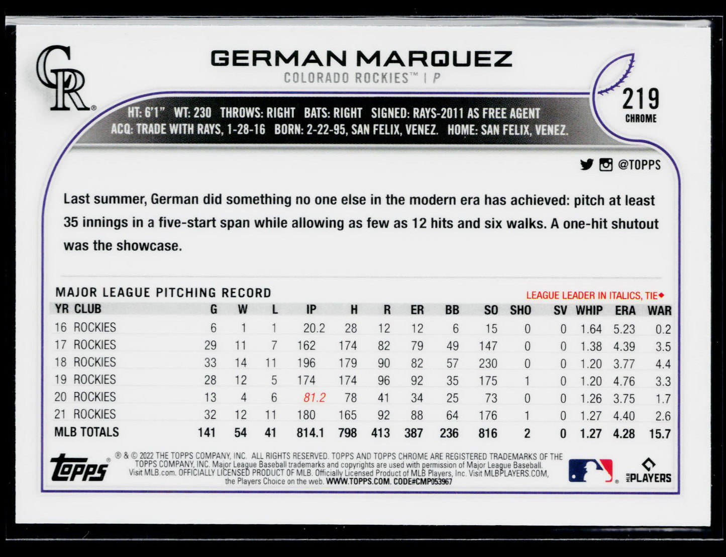 2022 Topps Chrome German Marquez Sepia #219