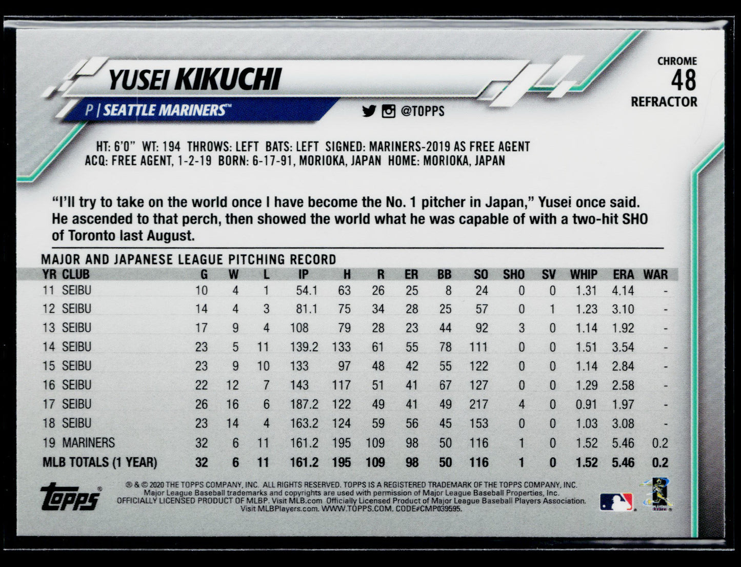 2020 Topps Chrome Yusei Kikuchi Pink Refractor #48