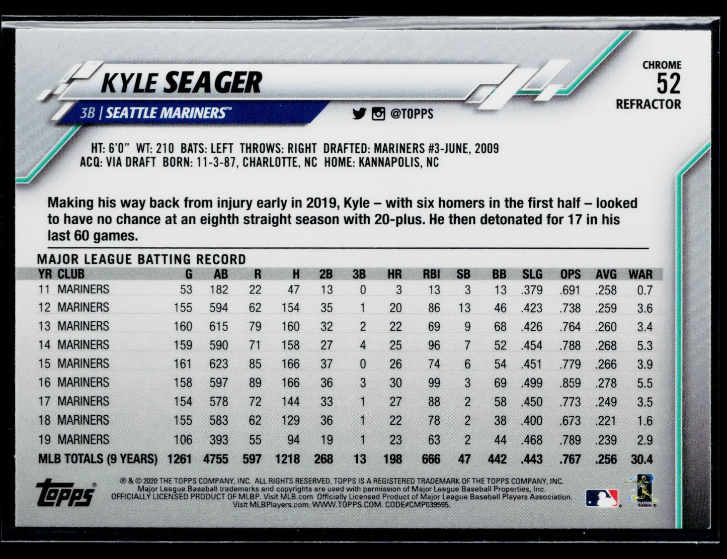 2020 Topps Chrome Kyle Seager Refractor #52