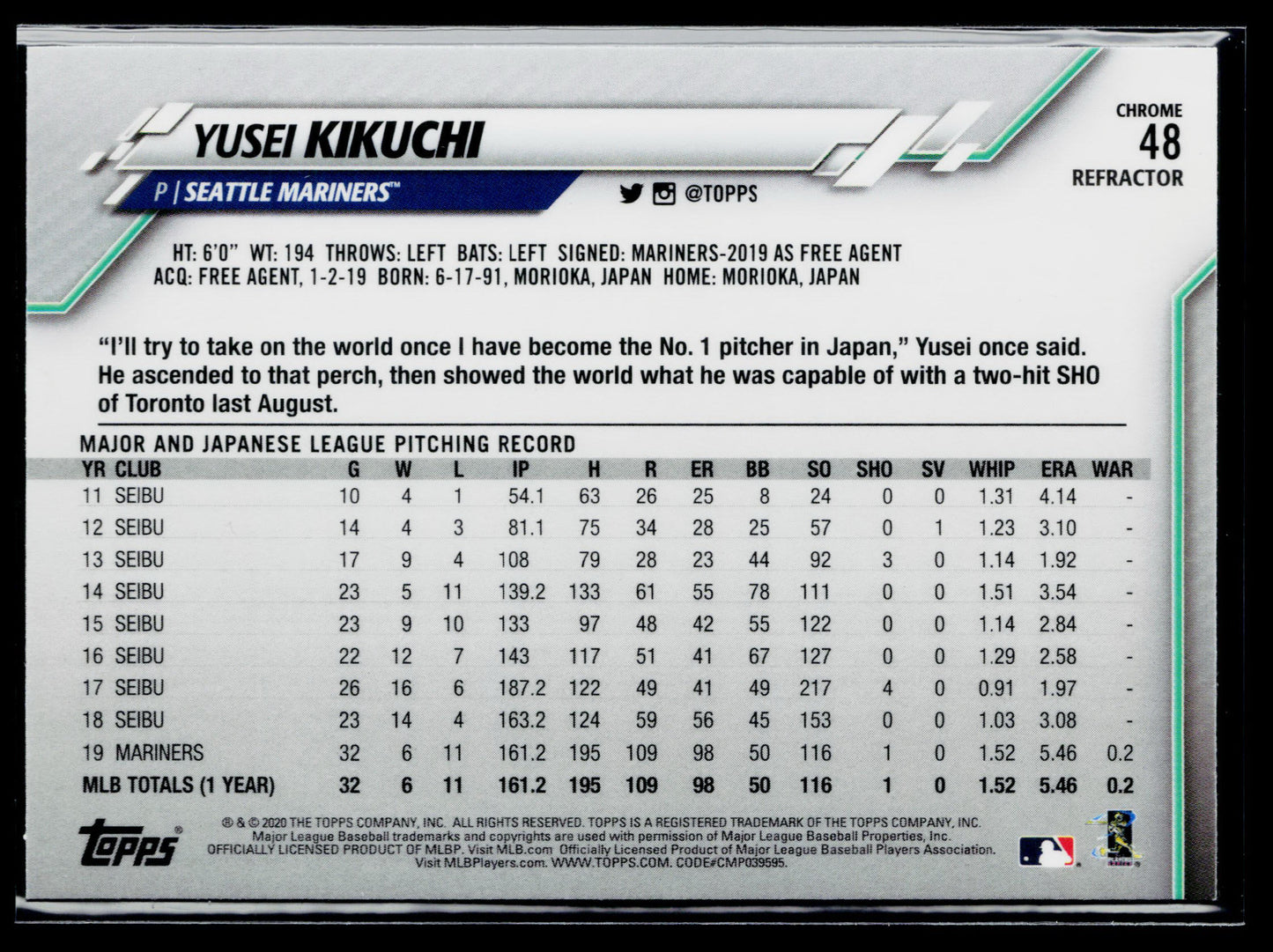 2020 Topps Chrome Yusei Kikuchi Sepia Refractor #48