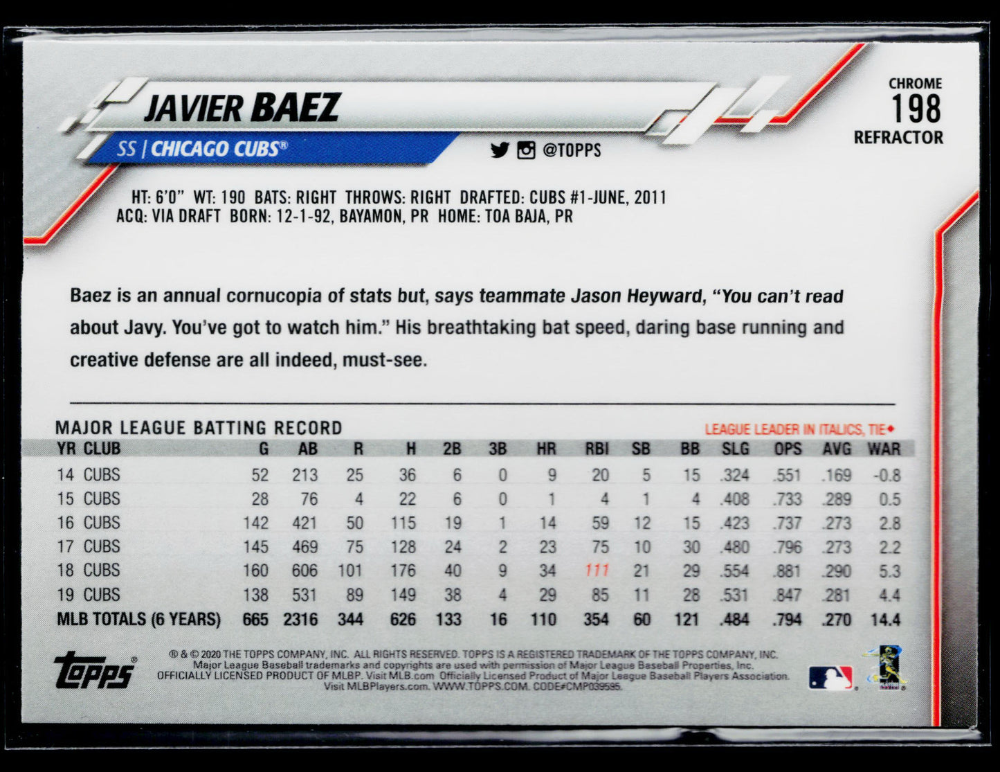 2020 Topps Chrome Javier Baez Refractor #198