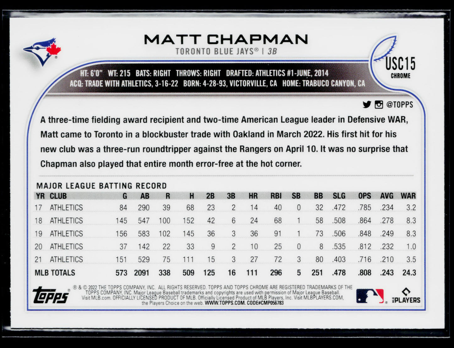 2022 Topps Chrome Update Matt Chapman Purple #USC15