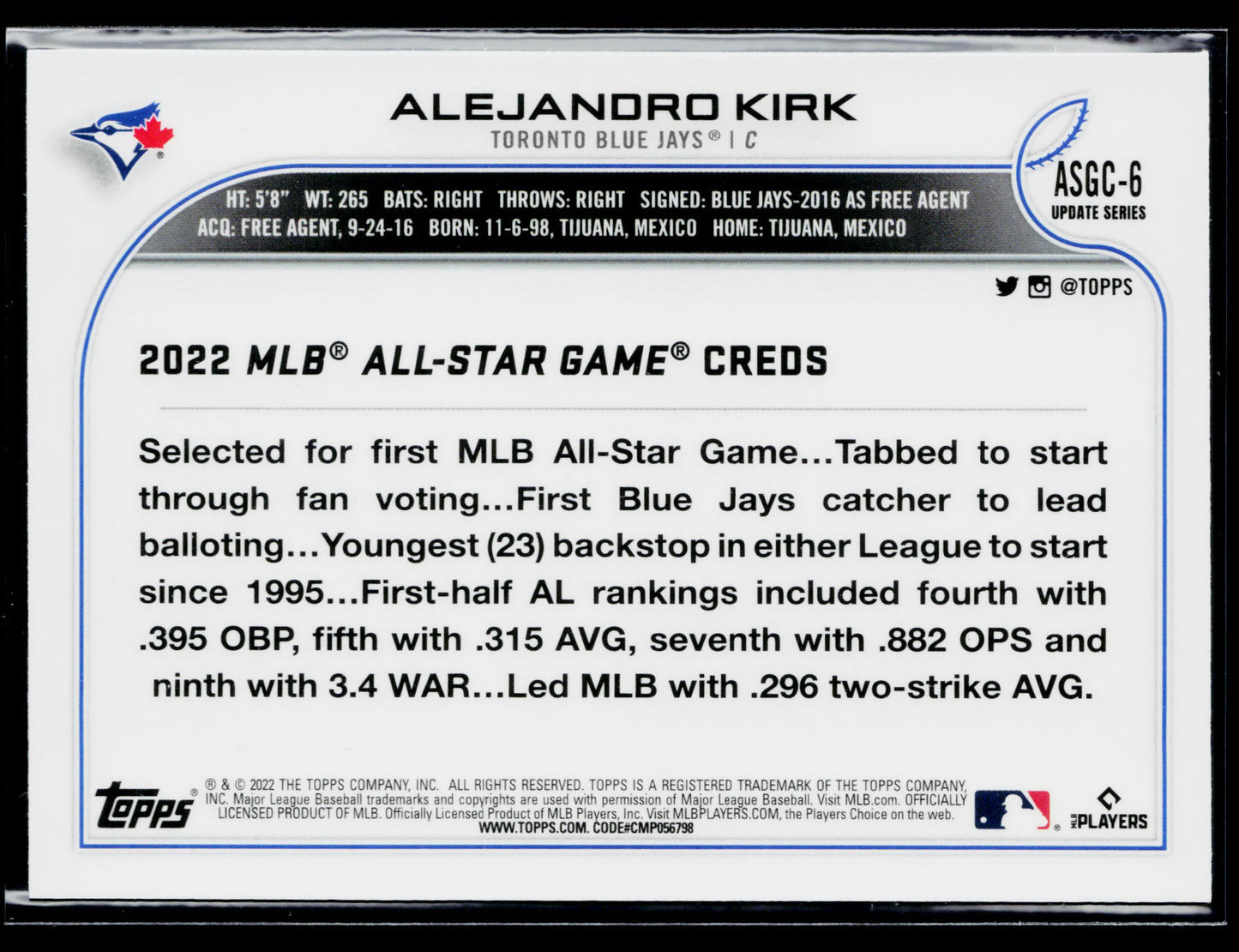 2022 Topps Chrome Update Alejandro Kirk 2022 All-Star Game Chrome #ASGC-6