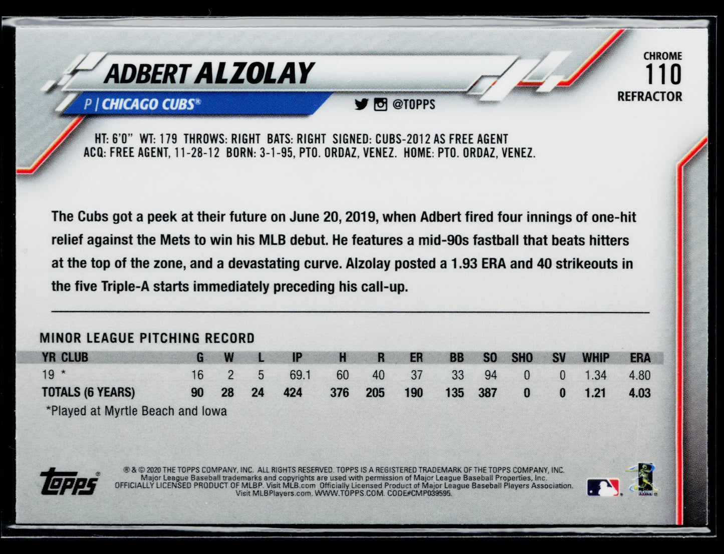 2020 Topps Chrome Adbert Alzolay Rookie Pink Refractor #110