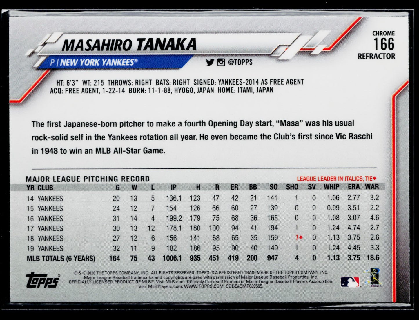 2020 Topps Chrome Masahiro Tanaka Refractor #166
