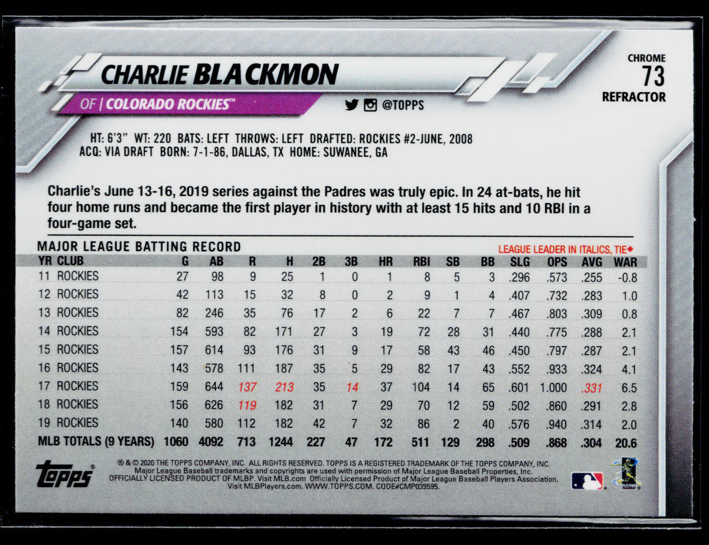 2020 Topps Chrome Charlie Blackmon Refractor #73
