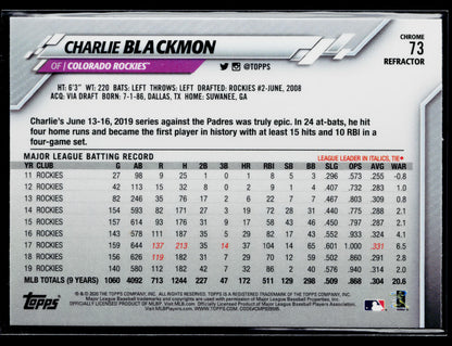 2020 Topps Chrome Charlie Blackmon Refractor #73