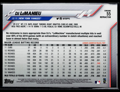 2020 Topps Chrome DJ LeMahieu Pink Refractor #55