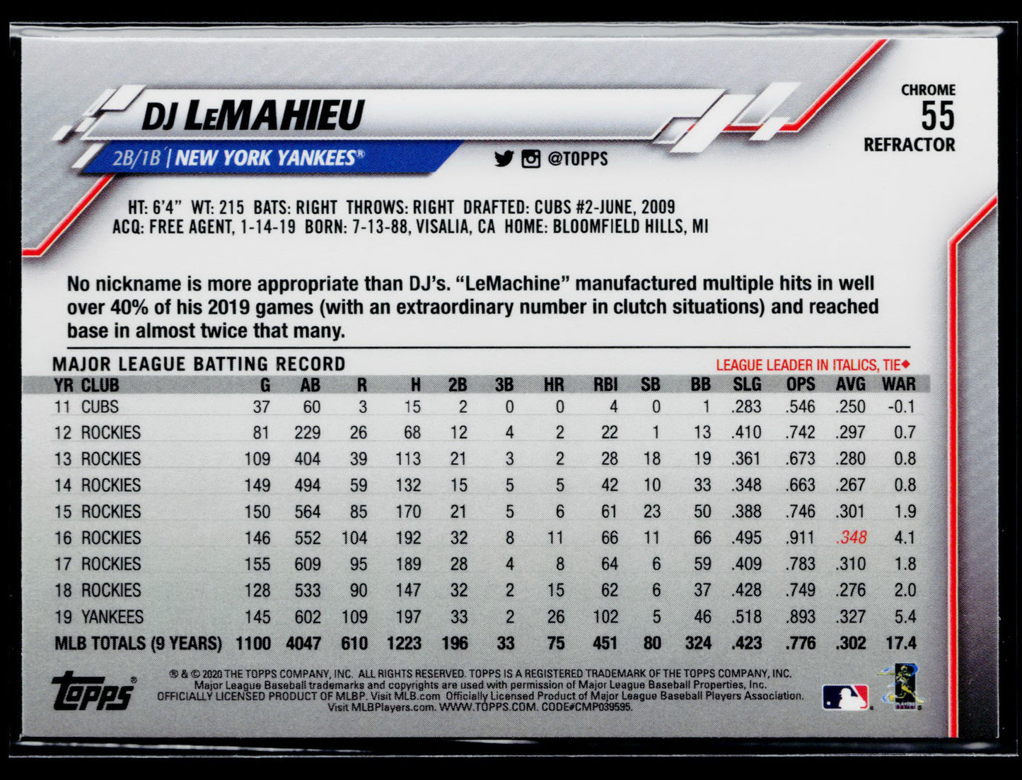2020 Topps Chrome DJ LeMahieu Sepia Refractor #55