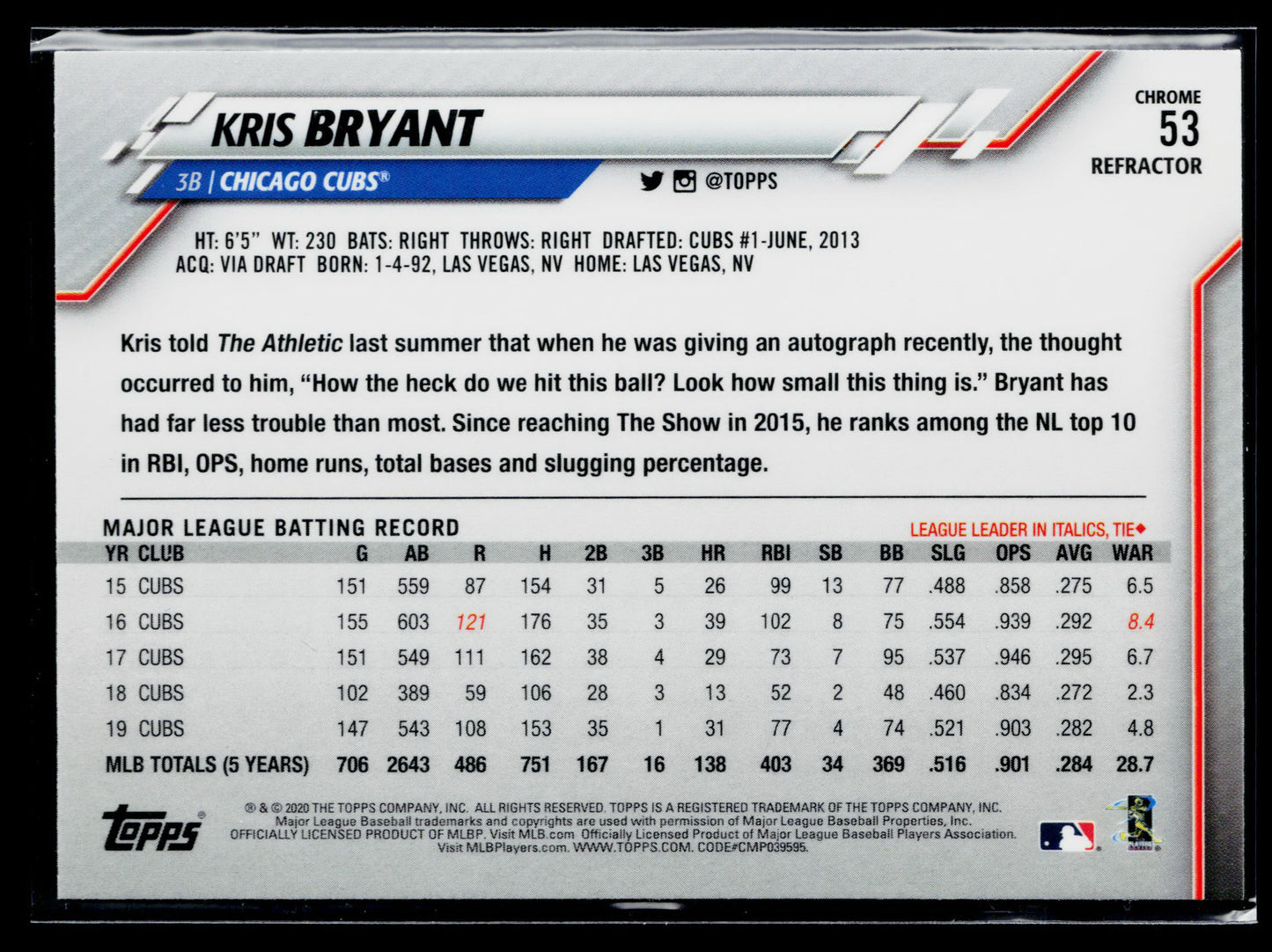 2020 Topps Chrome Kris Bryant Refractor #53