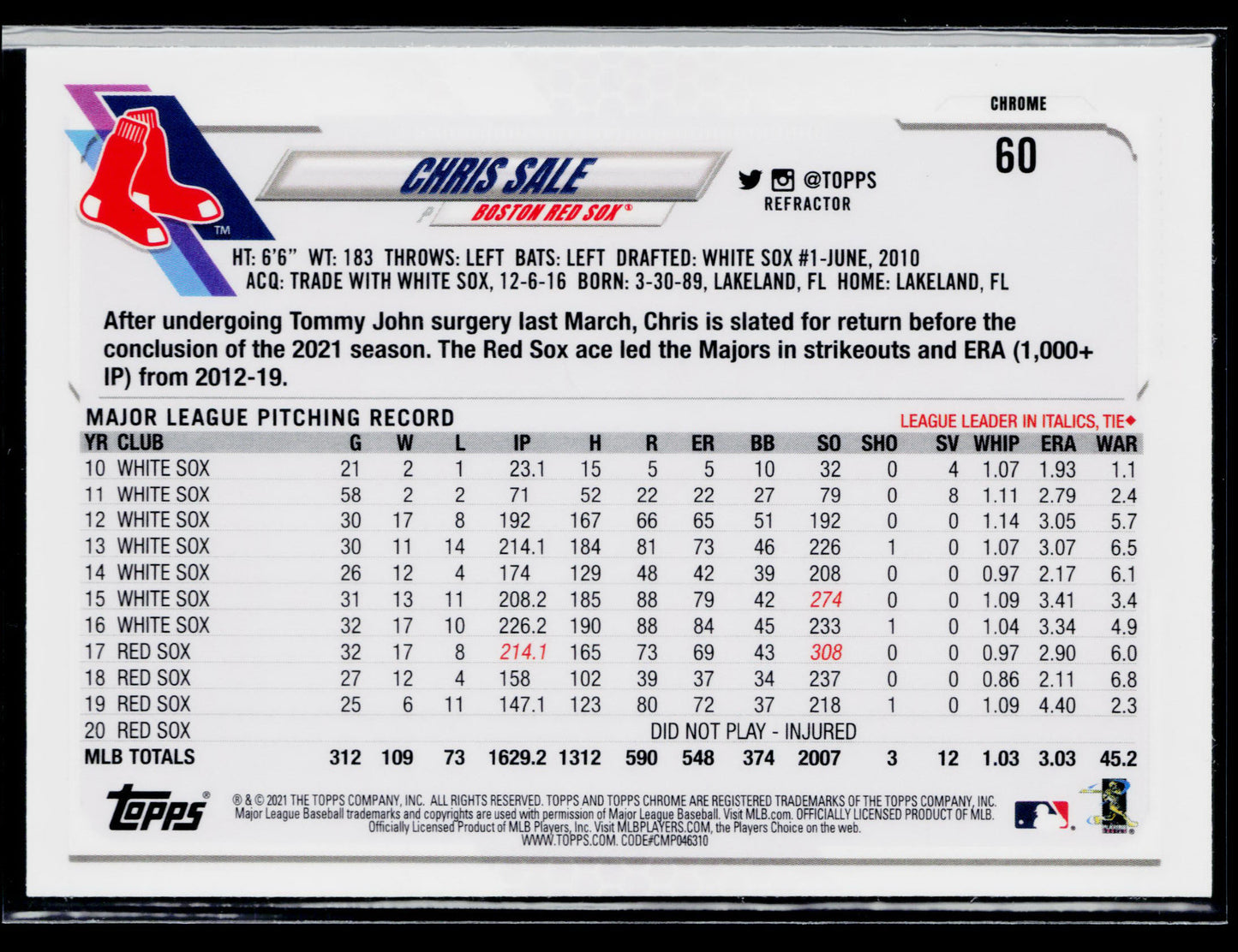 2021 Topps Chrome Chris Sale Refractor #60