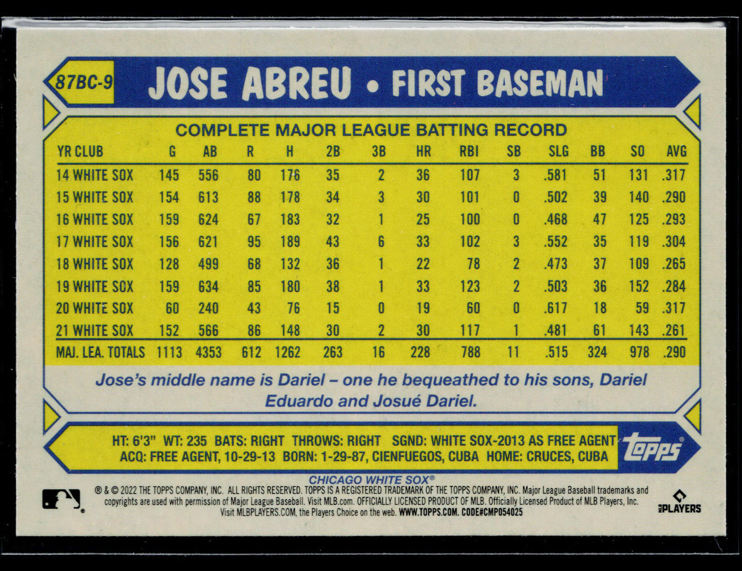 2022 Topps Chrome Jose Abreu 1987 Topps Baseball 35th Anniversary #87BC-9