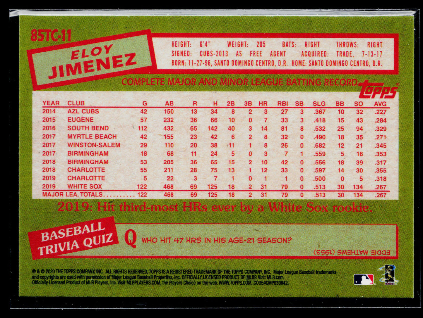 2020 Topps Chrome Eloy Jimenez 1985 Topps Baseball #85TC-11