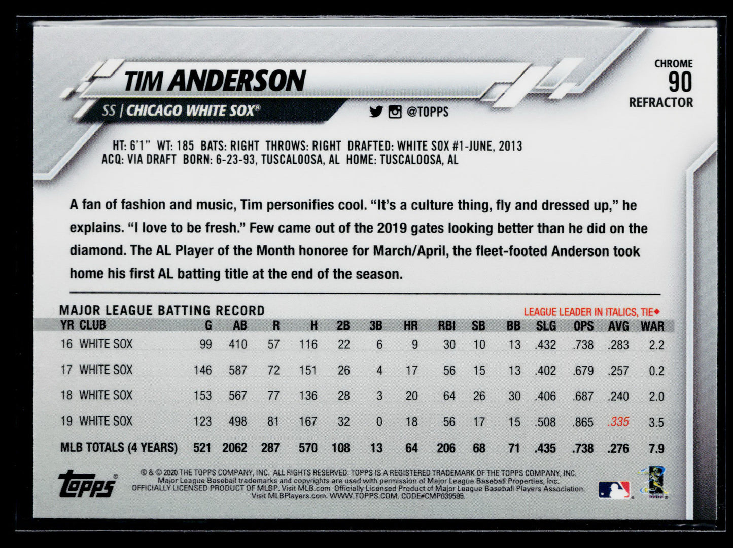 2020 Topps Chrome Tim Anderson Sepia Refractor #90