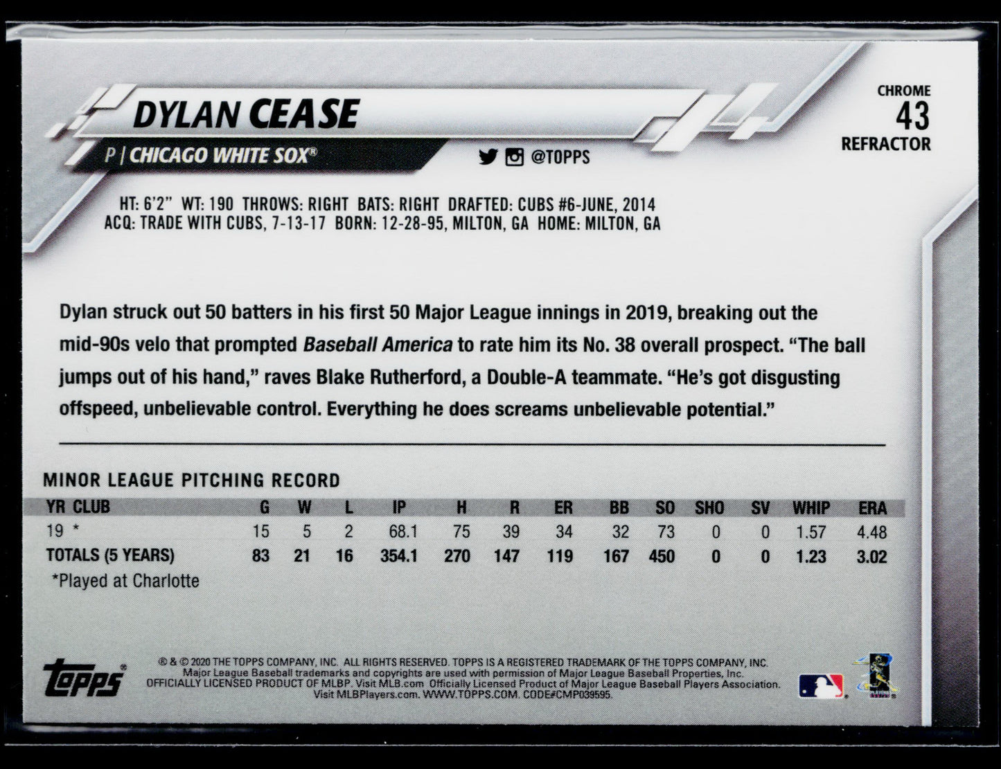 2020 Topps Chrome Dylan Cease Rookie Pink Refractor #43