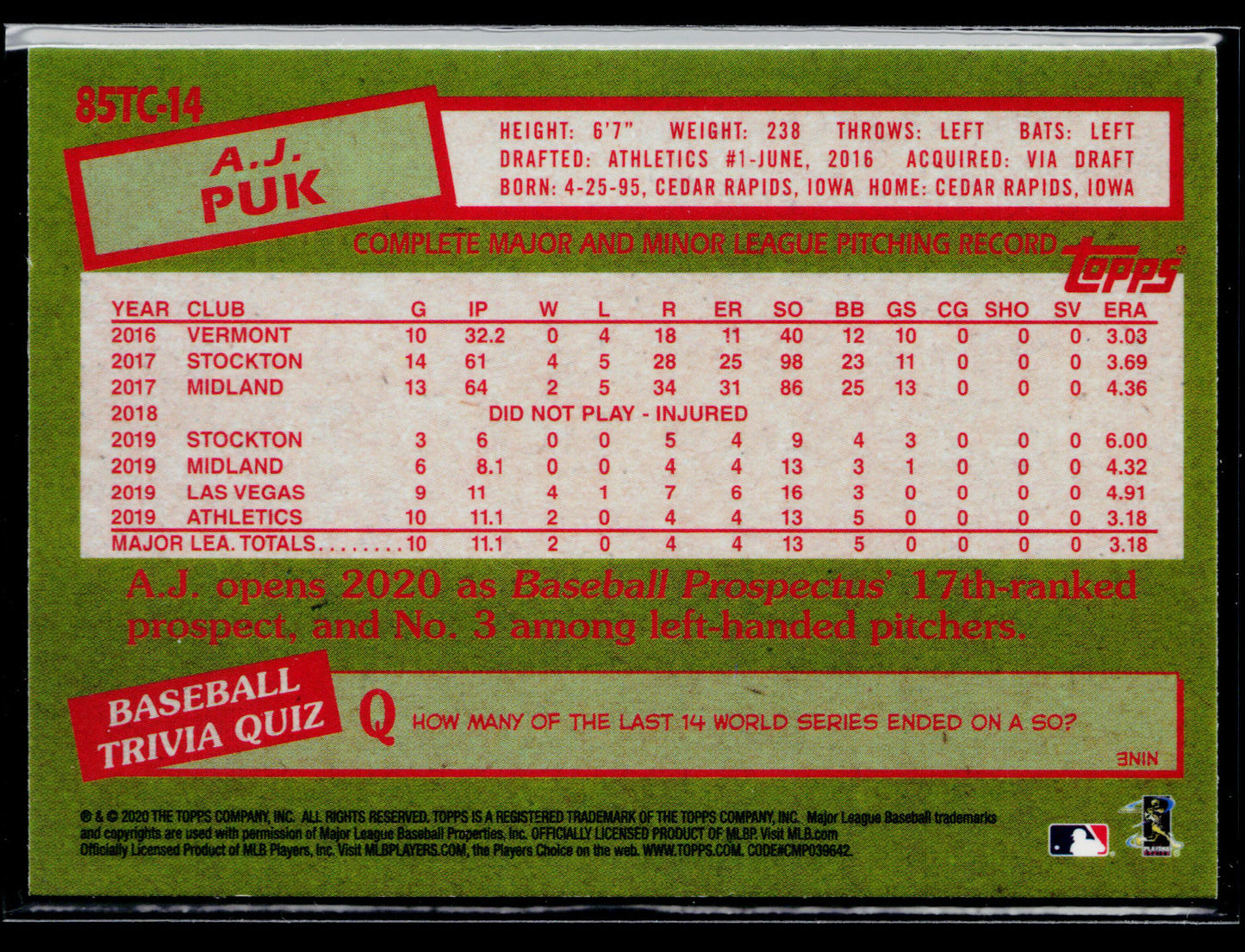 2020 Topps Chrome A.J. Puk 1985 Topps Baseball #85TC-14