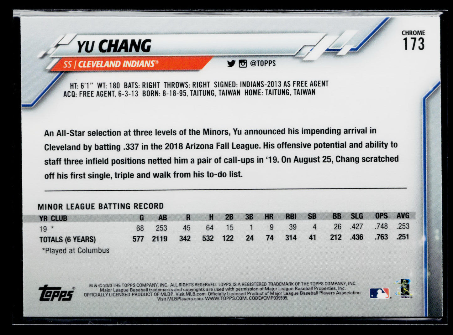 2020 Topps Chrome Yu Chang Rookie Prism Refractor #173