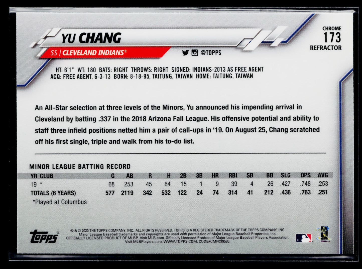 2020 Topps Chrome Yu Chang Rookie X-Fractor Refractor #173