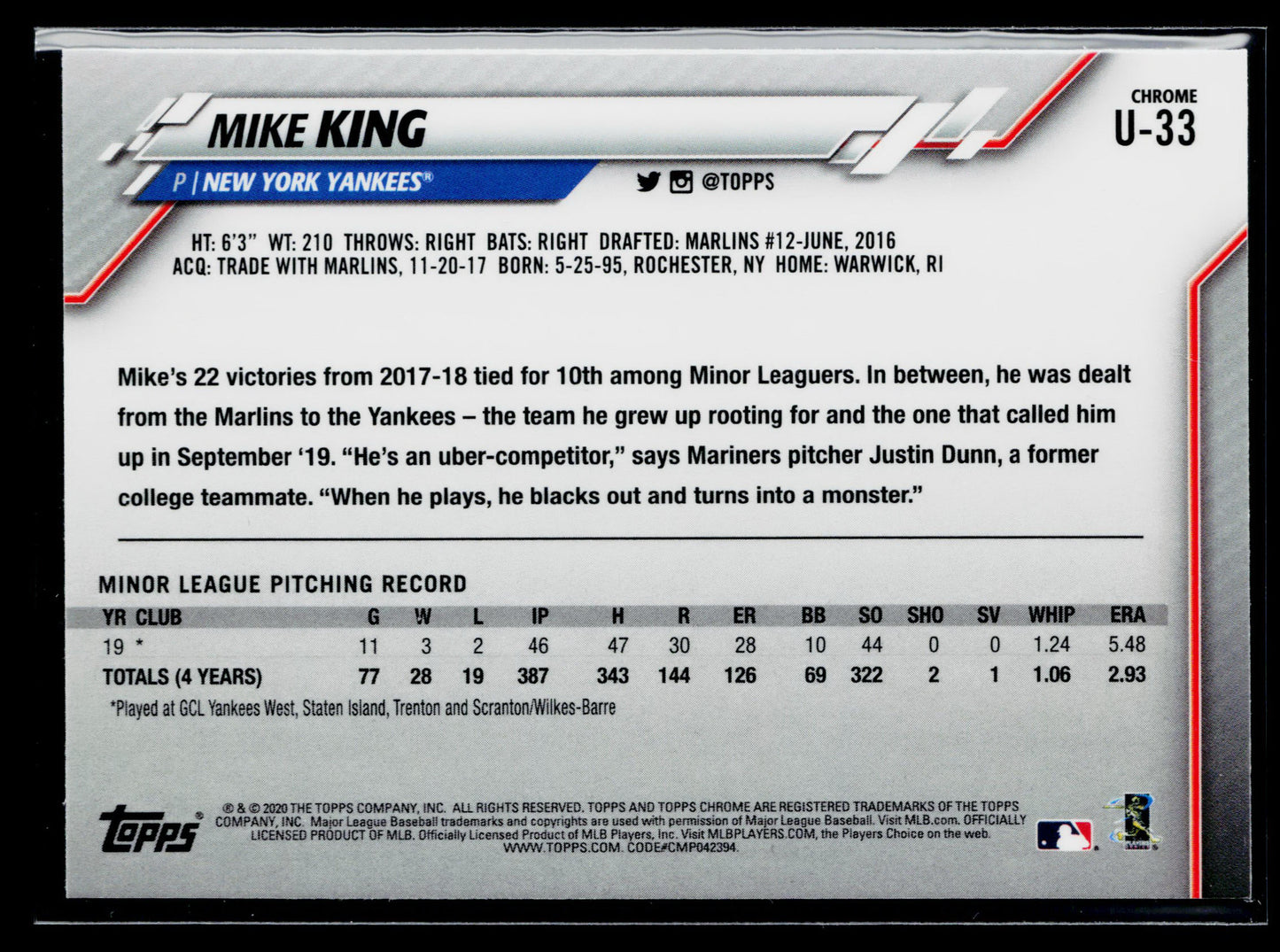 2020 Topps Chrome Update Mike King Rookie Pink #U-33