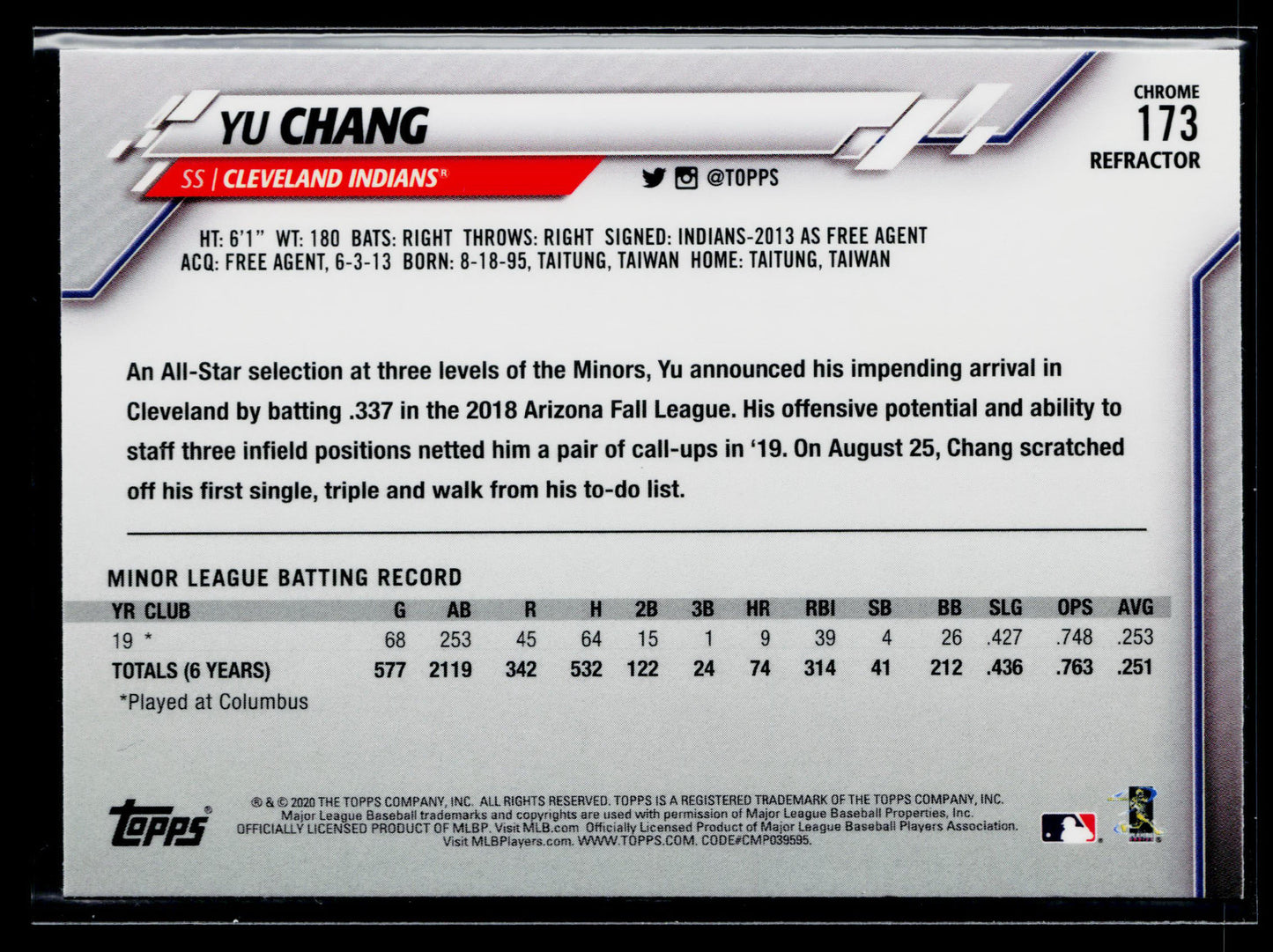 2020 Topps Chrome Yu Chang Rookie Pink Refractor #173