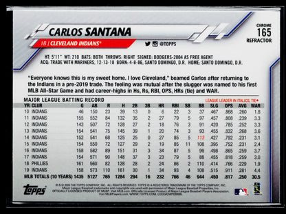 2020 Topps Chrome Carlos Santana Pink Refractor #165