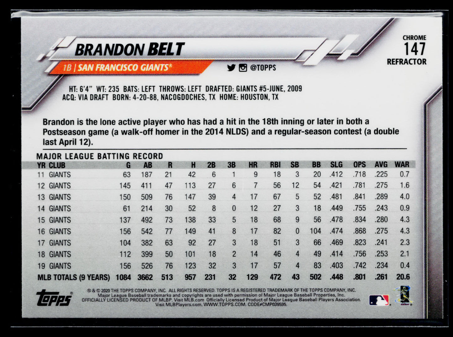 2020 Topps Chrome Brandon Belt Refractor #147